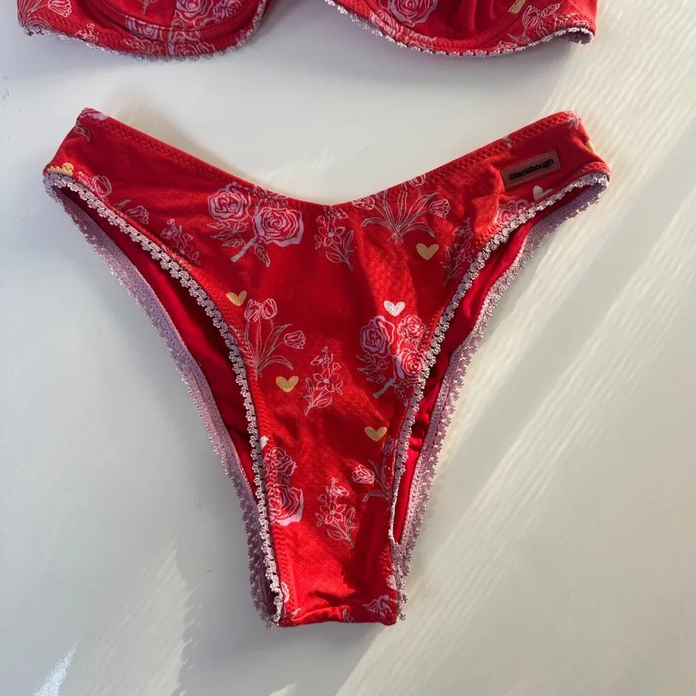 Blackbough Red Heart Rose Pattern Balconette & High Rise Bikini Set Small - Picture 3 of 5